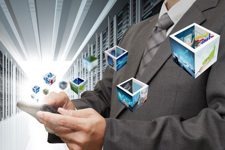 Man holding phone with a flash of light coming from it and cubes representing images floating from the phone as he taps